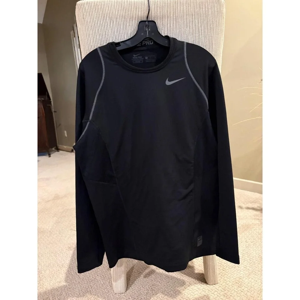 Nike Pro Hyperwarm Fitted Mens Black Long Sleeve Training Base Layer Top Large